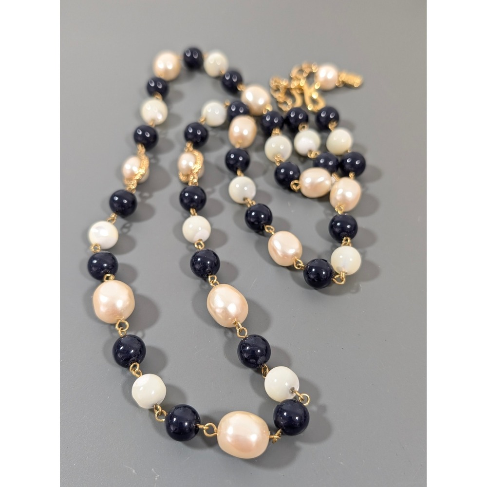 Vintage‎ Liz Claiborne 33" Navy Faux Pearl MOP Necklace Gold Tone